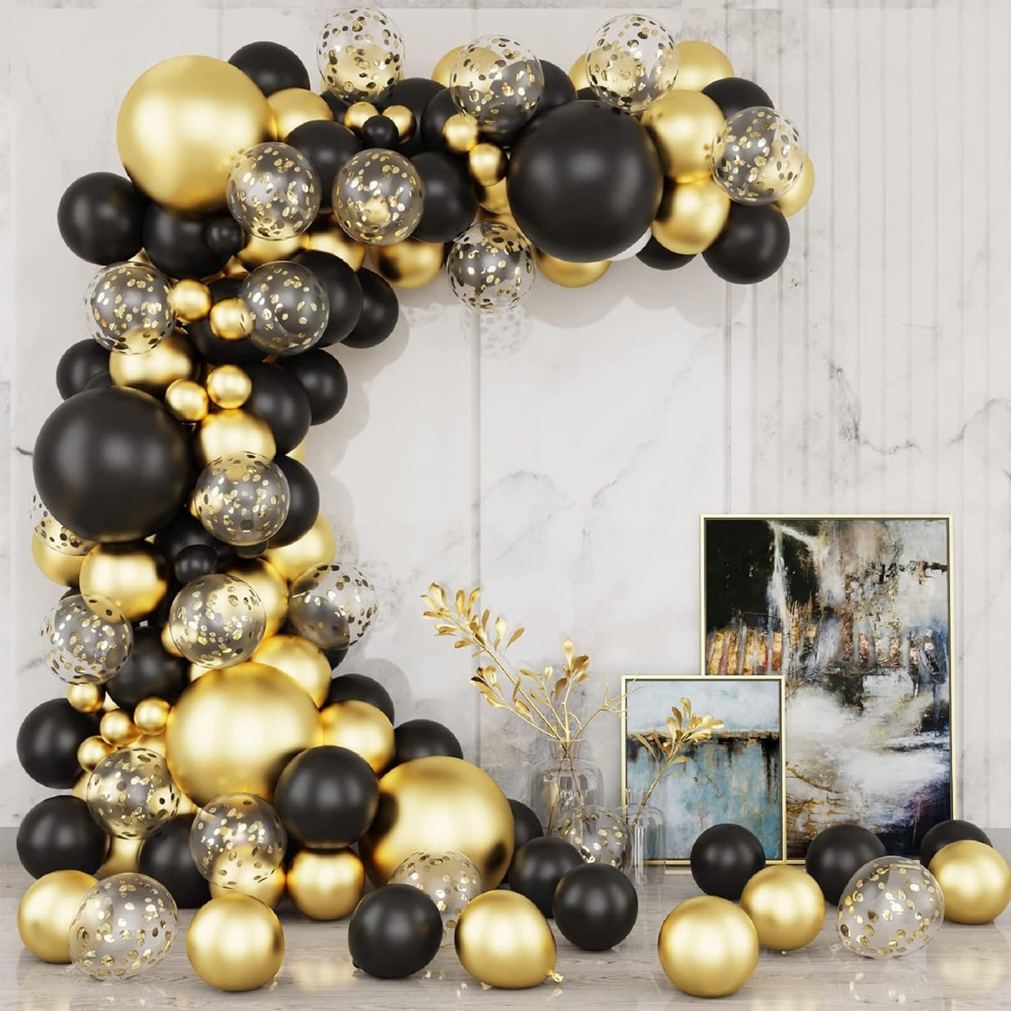 Kit de Décoration pour Fête d'Anniversaire, Mariage, Retraite et Autres Célébrations - Ensemble de 100 Ballons Noirs et Dorés pour Arche, Idéal pour Hommes, Fête de Bébé et Nouvel An