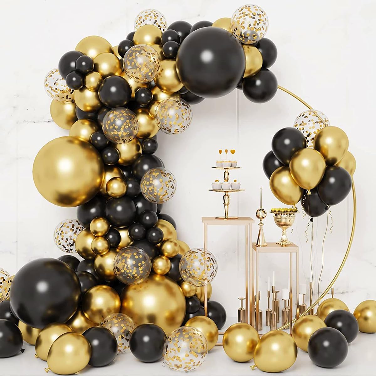 Kit de Décoration pour Fête d'Anniversaire, Mariage, Retraite et Autres Célébrations - Ensemble de 100 Ballons Noirs et Dorés pour Arche, Idéal pour Hommes, Fête de Bébé et Nouvel An