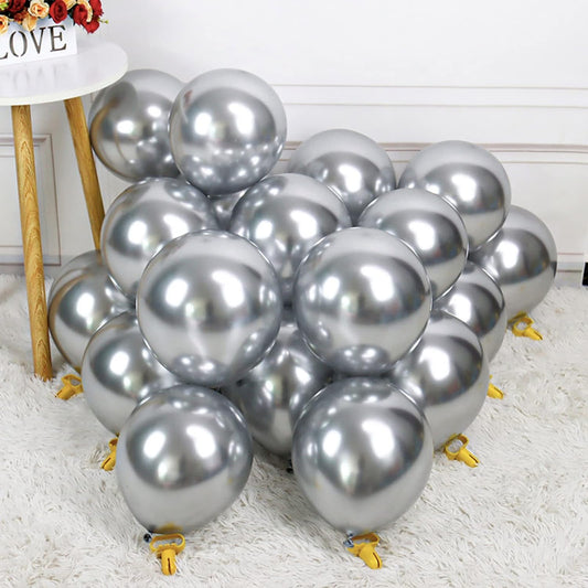 10 Ballons en Latex Métallique Argent - Parfaits pour Décorations de Fête, Anniversaires, Mariages, et Autres Célébrations - 100% Latex Naturel.